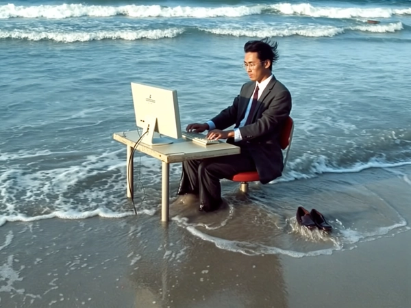With waves lapping rhythmically against the shore, a sharply dressed man sits at a minimalist office desk planted firmly in shallow turquoise surf, his dark suit and tie slightly wrinkled from the ocean's embrace. An old beige desktop computer glows dimly on the soaked tabletop as his fingers type with focused intent, unbothered by the gentle splashing against the desk's submerged legs and his soaked dress shoes resting in wet sand. The photo has a grainy quality, suggesting it may be a still from a video or taken with an older digital camera. His neatly combed hair is wind-tossed, and his serene expression is shielded by faint reflections on vintage wire-rimmed glasses. Quick snapshots create a soft-focus effect at the edges, and muted colors swirl into a nostalgic haze, capturing an absurd twist on remote work culture. A soft breeze lifts the hem of his trousers while sunlight glints sharply off the rippling water, underscoring the surreal marriage of corporate formality and beach tranquility—early-2000s digicam snapshot, grainy quality.