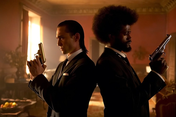 In a shadow-rich interior bathed in warm backlight from a curtained window, two men stand side by side, their forms sharply outlined in tailored black suits and crisp white shirts, slender black ties hanging straight. The man on the left, with long slicked-back hair, holds his golden pistol steady in an unwavering pose, his jaw tense and eyes narrowed in cold concentration. Alongside him, a man with a dense, textured afro and sharply trimmed beard mirrors the stance, aiming a silver gun with equal resolve. Muffled amber light cascades softly across their angular faces, casting deep shadows that sculpt their determined expressions. The composition frames them in medium close-up, the shallow depth of field blurring the worn walls and scattered furniture behind them, while the subtle gleam of metal and fabric textures punctuates the scene's quiet menace. The atmosphere pulses with vintage noir gravitas, a frozen heartbeat of poised violence rendered through muted, tactile tones and dynamic low-key lighting. —intimate contemporary cinema