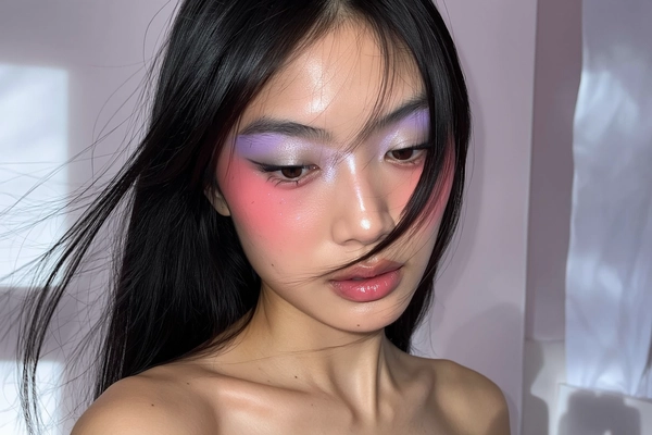 A close-up iPhone-style portrait of a young East Asian woman with long, straight black hair softly framing her face, some strands flowing naturally with visible texture and subtle flyaways. Her skin glows with a dewy, glass-like finish, showcasing visible pores and a soft natural sheen across her cheeks, nose, and forehead. Her makeup is distinctly babydoll-inspired: a seamless gradient of soft lilac blending into shimmering silver eyeshadow across her lids with gentle sparkle highlights at the inner corners, paired with natural, unenhanced lashes brushing upward. An intense rosy blush extends across both cheeks and softly over the bridge of her nose, lending a youthful, flushed look. Her lips are coated with a translucent, glossy natural pink that catches the ambient window light. Her eyebrows are natural black, softly brushed upward and unbleached, complementing her features. The lighting is gentle, diffused soft window daylight casting subtle shadows that sculpt her face realistically, creating a casual, intimate atmosphere. The background is minimal and softly blurred with muted pastel tones, emphasizing her face and upper shoulders visible, softly lit and showing natural skin texture. The framing is tight from just above her head to just below her collarbones, captured at a slight handheld angle with a spontaneous, relaxed expression and eyes gazing slightly off-camera. Fine details such as individual hair strands, skin texture, gloss reflections, and subtle shimmer particles are clearly visible, contributing to the genuine, candid iPhone photo aesthetic.