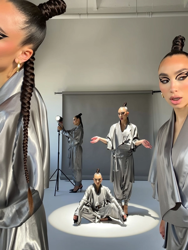 An imaginative, casually surreal iPhone snapshot capturing a woman with precise geometric eye makeup and a high braided bun, duplicated multiple times in the same softly shimmering metallic layered outfit within a minimalist photo studio environment. The open space features half-rolled paper backdrops in neutral tones. Various versions of her interact naturally and surreally: one adjusts studio lights with a focused expression, another stands confidently with arms wide open, and a smaller-scale figure sits calmly inside a subtle spotlight ring on the floor. Gentle natural daylight mixed with ambient indoor lighting creates authentic shadows and highlights across her detailed skin textures and the delicate metallic fabric layers. The composition includes creative angles and unexpected framings, such as partial crops of the braided bun or limbs touching the frame edges, evoking spontaneous candidness and surreal repetition characteristic of casual iPhone photography.