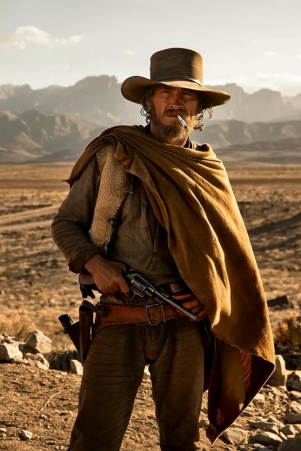 Beneath a scorching, golden sun that casts long, stark shadows across arid earth and scattered rocks, a lone gunslinger stands with quiet intensity. His weathered face, half-shielded by the wide brim of a worn leather hat, carries a cigarette clenched between lips, a subtle haze wisps upwards. Draped over one shoulder, a heavy, earth-toned poncho ripples softly in the dry breeze, contrasting with the coarse texture of a sheepskin vest layered above a faded shirt. His steady hand hovers near a holstered revolver, suggesting both readiness and restraint. Behind him, a rugged, mountainous terrain stretches into a soft-focus horizon, where muted browns and dusty blues bleed together under a pale sky. The tactile grain of his weathered attire and sunbaked skin invites a tangible sense of rough frontier life, captured through a medium close-up lens that merges intimate character focus with the expansive, unforgiving wilderness beyond. This scene pulses with the raw, stoic energy of classic western cinema. —moody vintage film grain