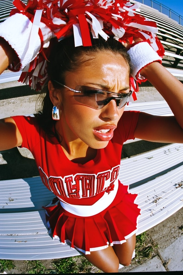 A wide shot of a woman with medium brown skin, natural skin pores and subtle fine lines clearly visible along her forehead and cheeks, captured in a middle close-up from a top-down wide-angle perspective. She wears a bright red and white cheerleader uniform with a cropped fitted top showcasing bold block lettering and pleated skirt, accessorized by thick silver hoop earrings and a chunky white wristband angled toward the lens. Her face is positioned close and slightly off-center with glossy lips parted, eyes confidently narrowed, looking upward through rimless tinted sunglasses that reflect the environment.

She stands on cracked concrete bleachers with faded paint markings and scattered grass visible in the background. Strong overhead sunlight produces crisp shadows beneath her chin and across the fabric’s gathered folds while metallic highlights glint on her earrings and wristband. The lens distortion enlarges her hands grasping pom-poms raised toward the camera, curving the background elements inward and compressing space. A subtle grain overlays the image, preserving skin texture and textile sheen with raw photographic clarity. early-2000s Y2K snapshot