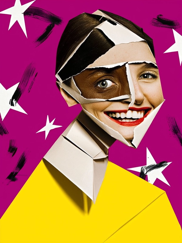 The woman's face and upper body are constructed from uneven, torn paper cut-outs, each segment misaligned and layered with no anatomical consistency. Her eyes are duplicated and offset, one larger and turned upward, the other smaller and shadowed by a darker torn cheek fragment. Her mouth is split into two overlapping smiles, one wide and open, the other subtly curved, forming a fragmented expression of happiness. Creased edges, visible tears, and folded paper areas give her skin a rough, tactile look. Her neck bends sideways awkwardly, composed of stacked paper segments. She wears a bright yellow geometric blouse made from solid angular shapes ignoring natural fabric folds. The background is a vivid magenta field scattered with white jagged stars and black brushstroke marks. Harsh flat lighting slashes across her collage layers, highlighting every folded edge and torn seam. The image is a crude, flat 2D collage with no realistic depth, emphasizing raw emotion and chaotic, surreal construction.