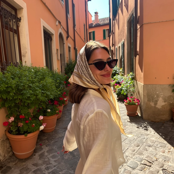 A candid photo of a young woman turning back with a warm smile in a narrow, charming Italian alleyway. She wears a flowing silk scarf tied around her head and stylish cat-eye sunglasses perched on her nose, paired with a light linen blouse. The alley is lined with terracotta pots full of lush green plants and vibrant flowers, against pastel-colored weathered walls of typical Mediterranean houses. Soft, warm afternoon light casts gentle shadows, illuminating her relaxed expression and naturally textured skin, while highlighting the subtle fabric folds and sun-kissed stone pavement. The composition is casually framed with a slight tilt, capturing the spontaneous intimacy and authentic texture typical of an iPhone snapshot in a romantic Italian setting.