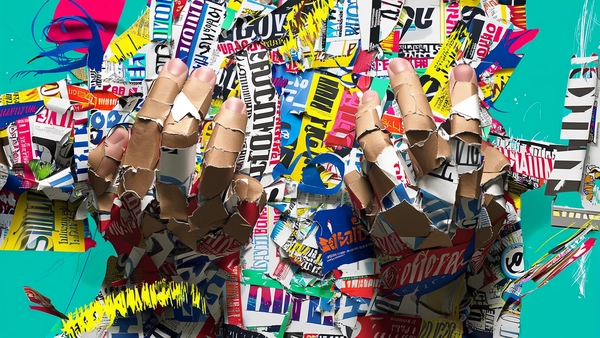 The hands are constructed entirely from layered, torn paper fragments with textures resembling glossy magazine advertisements, their shapes jagged and misaligned. Each finger is fragmented, folded, and doubled as if peeled from a collage wall, with visible torn edges curling inward. The hands appear to jut unnaturally from the flat surface, assembled with inconsistent skin tones and paper grains that mimic ultra-glossy magazine ink but remain flat and lifeless in 2D. Around them, the collage wall bursts with overlapping advertisement clippings—bold typefaces, vibrant colors, and fragmented logos that form a chaotic, patchwork background.

Lighting is harsh and graphic, with sharp directional highlights emphasizing the paper’s creases and curling edges. The background is a vivid, flat teal layered with vector brushstrokes and bold scratch marks, heightening the visual chaos. The composition tightly frames the hands against the noisy collage, disjointed and distorted, breaking any realistic sense of depth to emphasize a stylized, aggressively flattened, and surreal mixed-media effect.
