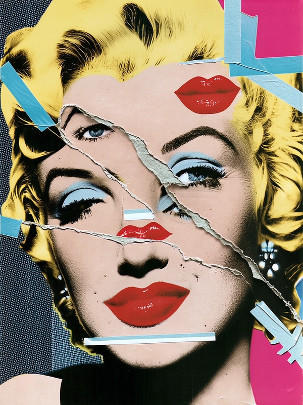 Marilyn Monroe's face is dismantled and wildly reassembled: her signature red lips appear three times—one full smile centered, another smaller and rotated near her temple, and a faint, torn fragment along her jawline. One eye floats high on her forehead, doubled and partially inverted, while the other eye is duplicated beneath her cheek. Her nose is split by a jagged paper seam, separating her face into layered, overlapping slices with a secondary nose bridge shifted slightly to the left. Tape tears, hand-cut paper edges, and grainy sticker outlines physically connect the facial fragments, as if ripped from vintage magazines and pasted into anarchic zine chaos.

Her porcelain skin reveals subtle freckles, visible pores, and a few faint scars, registering natural imperfection beneath patchy halftone overlays. Blonde hair appears roughly cut and collaged like torn paper strips, curling unevenly around the edges. She wears a simple black dress collar partly obscured by masking tape fragments. The background pulses with xerox noise, halftone grids, and crumpled paper textures, evoking a gritty underground 1990s zine aesthetic.