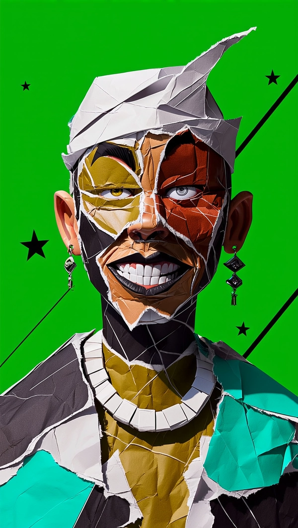 The character's face and upper body are assembled from jagged, torn paper fragments layered unevenly, evoking a 2000s hip hop aesthetic. Their eyes are duplicated and skewed asymmetrically, with one eyebrow sharply angled upwards, while the lips are split into contrasting expressions—grit and smirk—stitched together from rough, matte paper scraps. Their skin incorporates varied paper tones—burnt sienna, deep brown, and faded gold—each piece curling and creased as if weathered by time. A thick, flat paper chain necklace hangs loosely, pasted from layered strips with visible torn edges, and a bandana formed of torn, overlapping teal and white paper is folded around their head at an odd angle. The shoulders are clad in a patchworked, paper-collage hoodie with bright, clashing geometric shapes that ignore natural folds. The flat vivid green background is scattered with black angular vector lines and scattered paper stars, enhancing the chaotic vibe. Bold, harsh lighting casts flat graphic shadows across the fragmented surfaces, emphasizing every wrinkle, tear, and fold, fully embracing a distorted, expressive collage style that rejects realism for emotional rawness.