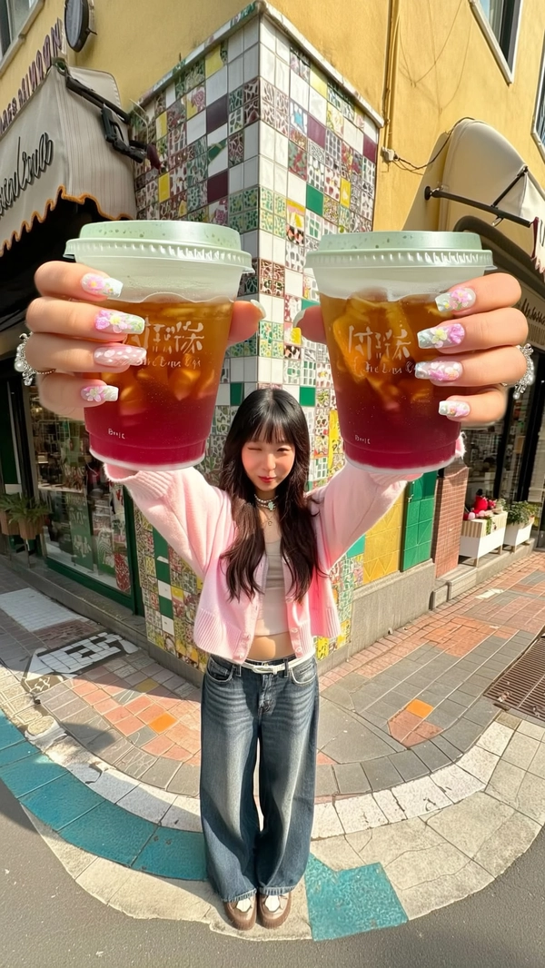 A casually chic, spontaneously captured iPhone-style image featuring a miniature, trendy young woman stylishly extending dramatically elongated giant hands toward the camera, holding two oversized bubble tea cups. She wears a soft pink cardigan over a minimal top and wide-leg jeans, her nails adorned with pastel floral art exquisitely detailed. The scene is a vibrant, colorful tiled street corner bathed in warm urban morning sunlight, authentically illuminating refined fabric textures, subtle skin imperfections, gentle nail polish shine, and delicate jewelry finishing touches. The composition employs a wide-angle, slightly tilted lens effect that stylishly enhances the playful exaggeration of her giant hands reaching toward the viewer, embodying a relaxed yet confident casual vibe typical of effortlessly chic, candid iPhone photography.