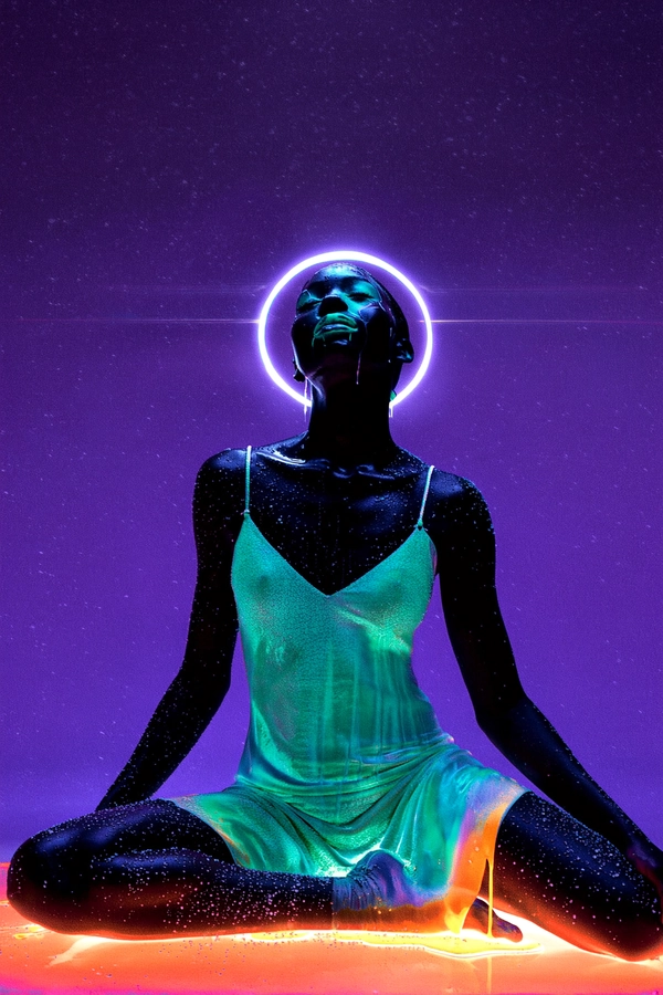 In a minimalist deep violet void, a faceless model sits with unyielding grace, cross-legged, the spine a flawless vertical line glowing with electric teal hues dripping like viscous liquid latex. Her iridescent gown liquefies at the edges, ghostly silk dissolving into pastel currents that flare radiant orange beneath plasma-white rim light. The silhouette pulses with spectral after-images trailing faintly as if caught mid-breath, skin vaporising into streaks of molten neon. Coarse clusters of grain cling like dust specks, the faint gate-weave jitter nudging the contours, blurring where flesh melts into fabric streams. The photo quality suggests a slightly grainy or low-resolution digital look, capturing a candid moment. Captured on a Canon EOS R5 paired with an RF 85 mm ƒ/1.2 lens, infused with scanned 800 ISO tungsten film grain, sprocket marks smudging the periphery, a spectral echo of analogue grit—surreal inverted-color fashion editorial, heavy film grain texture