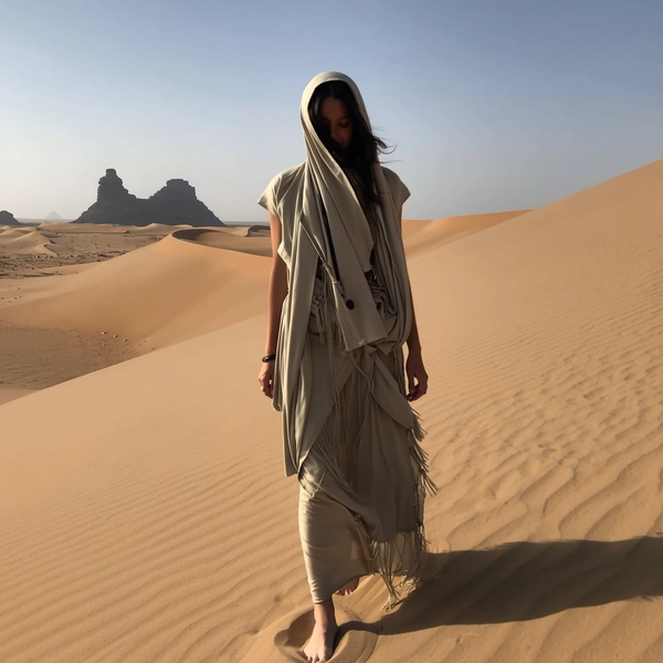 A candid iPhone-style image of a Belgian woman dressed in a layered, flowing outfit with subtle nomadic-inspired draping and minimalistic fringes, featuring muted sand tones and soft, desaturated fabrics that cover most of her body. She walks barefoot across warm, expansive desert sand dunes, her posture relaxed yet subtly graceful, conveying a serene, introspective mood. Her face is partially concealed by a loosely draped hooded scarf, enhancing mysterious allure. The background includes soft sunlight illuminating the textured sand and distant ancient stone formations, creating low-contrast shadows typical of natural iPhone lighting. The minimalist composition captures the tactile realism of flowing fabrics, sandy textures underfoot, and soft skin nuances, evoking an authentic, spontaneous casual iPhone photograph.
