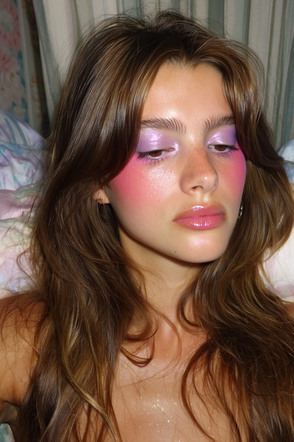 A close-up iPhone-style portrait of a young woman with long chestnut brown hair softly cascading over her shoulders, strands showing natural texture and gentle flyaways. Her skin is naturally dewy with visible pores and a healthy glow across her cheeks and forehead. She wears babydoll-inspired makeup featuring pastel purple eyeshadow with subtle micro-glitter that catches the light, heavy pink blush gently diffused across her cheeks and beneath her eyes, and delicate soft pink tinted lips with a glossy, moist finish. Her eyebrows are natural brown, softly brushed upward without any bleaching. The photo is taken using flash photography, capturing a slightly grainy texture that enhances the candid feel. The framing is tight from just above her head down to her collarbones, with a casual, slightly off-center angle suggesting a spontaneous handheld shot. The background is softly blurred with pastel tones, hinting at indoor textures like faint bedding or curtains. Lighting includes the phone's subtle flash combined with ambient indoor light, creating realistic shadows and soft highlights on her face and hair. Fine details such as individual hair strands, skin texture, glitter sparkle, and lip gloss reflections are clearly visible, creating an intimate and authentic realism.