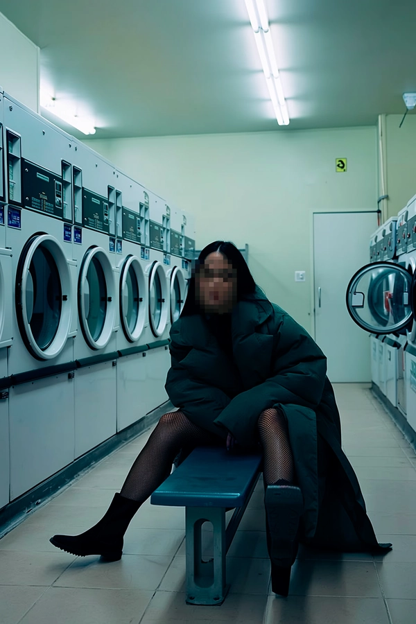 Casual candid shot of a woman sitting alone on a plastic bench inside a laundromat at 3am, wearing black fishnet tights visible beneath an oversized men's dark coat and simple ankle boots. Her face is intentionally pixelated to preserve anonymity, adding intrigue and mystery. The empty washing machines and dryers, along with the fluorescent ceiling lights casting a cool glow, softly illuminate the scene, highlighting realistic textures of the fishnet fabric, coat material, and subtle reflections on the linoleum floor. The framing is slightly tilted and spontaneous, emphasizing the authentic, unscripted iPhone photography style with natural shadows and ambient indoor light.