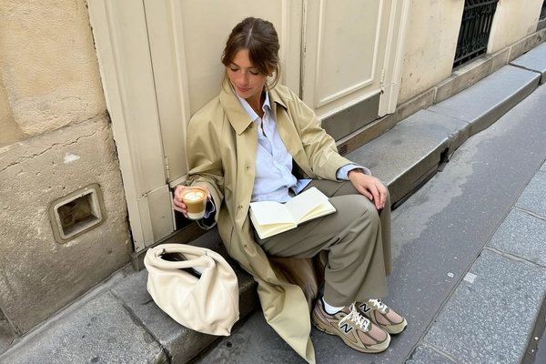 A candid iPhone-style photo of a young woman sitting casually on the edge of a worn stone step along a Paris street, naturally engaged with a simple notebook resting on her lap while holding a frothy cappuccino in one hand. She wears a soft beige long trench coat from The Row, effortlessly draped over a light Lemaire shirt paired with tailored high-waisted RECTO trousers. Her casual footwear comprises well-worn New Balance x AURALEE sneakers, visibly textured with subtle creases and worn soles. Beside her lies a soft, slouchy Polène handbag, its leather showing nuanced natural grain under gentle daylight. Her hair is styled in an easy, loose bun with strands softly framing her face, highlighted by subtle natural makeup and an authentic neutral expression, unaware of the camera. The setting features textured stone steps bordered by Parisian cobblestone pavement and aged pastel-colored walls, showing slight imperfections and genuine urban wear. The lighting is gentle, diffuse natural daylight casting soft shadows and delicate highlights that reveal detailed skin pores, fabric creases, and subtle reflections in the cappuccino’s creamy surface. The composition is informally framed with a slight tilt and off-center alignment, capturing a spontaneous, intimate moment typical of candid iPhone street photography with a natural urban atmosphere.