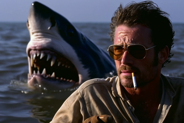 A sharply lit close-up of a weathered man with aviator glasses, a cigarette loosely balanced between his lips, his expression taut with wary determination. The textured fabric of his weather-beaten shirt and the faint sheen of water droplets on his gloved hand emphasize tactile realism. Behind him, the massive open jaws of a great white shark, teeth jagged and glistening, loom ominously, framed in a shallow depth of field that blurs the restless dark water beneath. The natural light casts deep, contrasting shadows across his face, the palette muted earth tones punctuated by the cold, predatory grey of the shark. The composition hints at imminent danger, balanced with the quiet, hardened resilience of the man locked in this brutal encounter, conveying a visceral cinematic intensity —moody contemporary suspense.