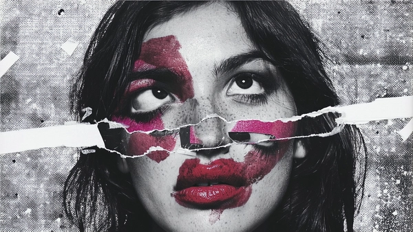 Her face is disassembled into jagged paper pieces—lipstick-stained lips duplicated and smeared across both cheeks in irregular swaths, one mouth partially peeled like a torn sticker overlapping the jawline. One eye is rotated outward, another is mirrored and layered beneath her temple, while the nose bridge is fragmented into two overlapping shards that misalign the center. A rough tape strip horizontally bisects the face, adding a graphic divide between the chaotic fragments. The tactile collage feels hand-cut and physically torn, evoking a graphic punk flyer aesthetic.

Her skin is richly detailed with visible pores, faint freckles, and subtle shine that catches the photocopy grain overlay. Her glossy hair falls in uneven chunks, edged with rough paper tears. The background is a monochrome xerox texture mottled with halftone dots and masking tape fragments, reinforcing the raw, DIY zine construction that frames the disordered portrait.