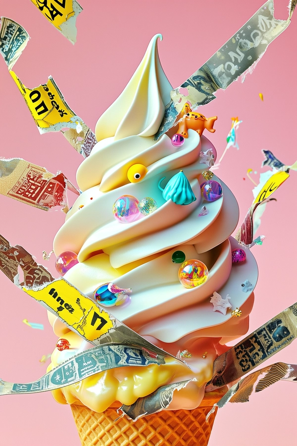In profile view, a character’s head is transformed into a swirling mound of creamy pastel ice cream, its glossy, smooth folds layered with tactile, grainy textures that evoke melting softness. Scattered atop the frosty swirl, bright, colorful toy accessories — tiny plastic animals, miniature spinning tops, and shimmering beads — nestle unpredictably amid bouncing googly eyes that gleam with mischievous playfulness. Surrounding this surreal confection, torn warning labels and peeling strips of translucent tape twist and curl irregularly, their faded reds, yellows, and stark blacks bearing distressed, frayed edges that contrast with the creamy swirl’s fluidity. These digitally glitch with subtle pixelation and analog decay patterns, vying for attention in overlapping planes that dissolve and collide, invoking a tension between whimsical delight and uneasy caution. The composition balances soft, inviting pastel hues against the harsh, gritty textures of warning fragments, underlining themes of fragile innocence caught within symbolic alerts. Layers of peeling paper and glossy ice cream blend analog grain with digital distortion, enfolding the figure in a tactile, surreal tableau of playful tension and spectral abstraction. —digital fluid surrealism