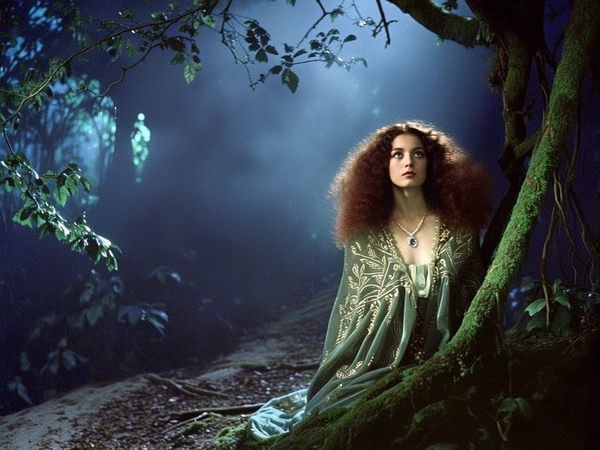 Bathed in the ethereal glow of twilight, a solitary young woman stands poised on a mist-laden forest path. Her voluminous curls, tinted with soft auburn highlights, cascade beneath a delicately embroidered velvet cloak that brushes against dense moss and twisted roots. Dappled moonlight shimmers through ancient branches, casting jagged silver shadows that dance alongside the faint luminescence of floating orbs. Her eyes, wide with guarded wonder and trace hints of quiet resolve, reflect the enigmatic hues of deep sapphire and emerald leaves. The textured bark of gnarled trees rises behind her like silent sentinels, while a crystal pendant catches the pale light against her chest, glowing softly with an inner magic. Framed in a medium shot that captures the tactile richness of her fabric and the looming forest’s depth, the scene pulses with nostalgic reverence and an otherworldly tension, wrapped in a muted palette of jewel tones and cool blues. The grainy, vintage film texture lends the image a timeless, dreamy quality, evoking a cinematic reverie where legend and reality entwine seamlessly.