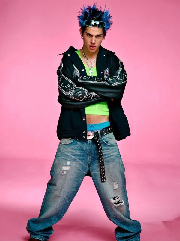 He’s standing in front of a bubblegum pink studio backdrop, feet shoulder-width apart with his arms folded tight across his chest, exuding a poised but confrontational vibe. He’s clad in an oversized black varsity jacket with silver piping and white graphic lettering along the sleeves, left unzipped to reveal a neon green mesh tank top underneath. His low-rise, wide-leg jeans are acid-washed with distressed patches and cinched with a thick black grommet belt that hangs slightly on one side. His hair is gelled into spiky electric blue tips with dark roots showing, and he sports a pair of tinted wraparound sunglasses pushed up on his forehead. Layered silver chains with a cross pendant glimmer around his neck, while a small hoop earring peeks out from one ear. His expression is deadpan, lips slightly parted, embodying that ironic, self-aware Y2K swagger perfectly captured by an imperfect handheld digital shot. —casual candid early-2000s Y2K snapshot, grainy softness