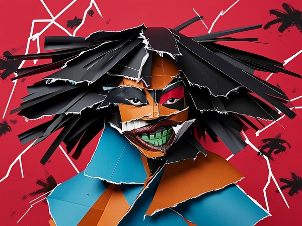 The hip hop person's face and upper body are assembled from torn, mismatched paper fragments layered with deliberate misalignment and visual distortion. Their eyes are doubled and skewed, one resting high while the other tilts downward, each rendered in matte textured paper tones of burnt sienna, charcoal black, and mutated green. Their mouth combines a half-snarl and half-smile, split and pasted unevenly across overlapping jaw sections. The hair is a collage of rough-cut black strips that fan outward, curling and folding with visible torn edges. They wear a sharply angular, layered hoodie sliced from vivid blues and burnt orange paper pieces, folded and stapled in rough geometric shapes. The background is a flat crimson red field scattered with jagged white lightning bolts and black graffiti-style brush strokes, adding chaotic urban graphic energy. Bold, flat directional lighting casts sharp shadows that accentuate the rough paper edges and seam overlaps, emphasizing intense, fragmented rawness. The composition is tightly cropped, emphasizing the fractured face and hoodie, rejecting realism for a brutal, aggressive collage portrait that channels hip hop culture through visual disruption.