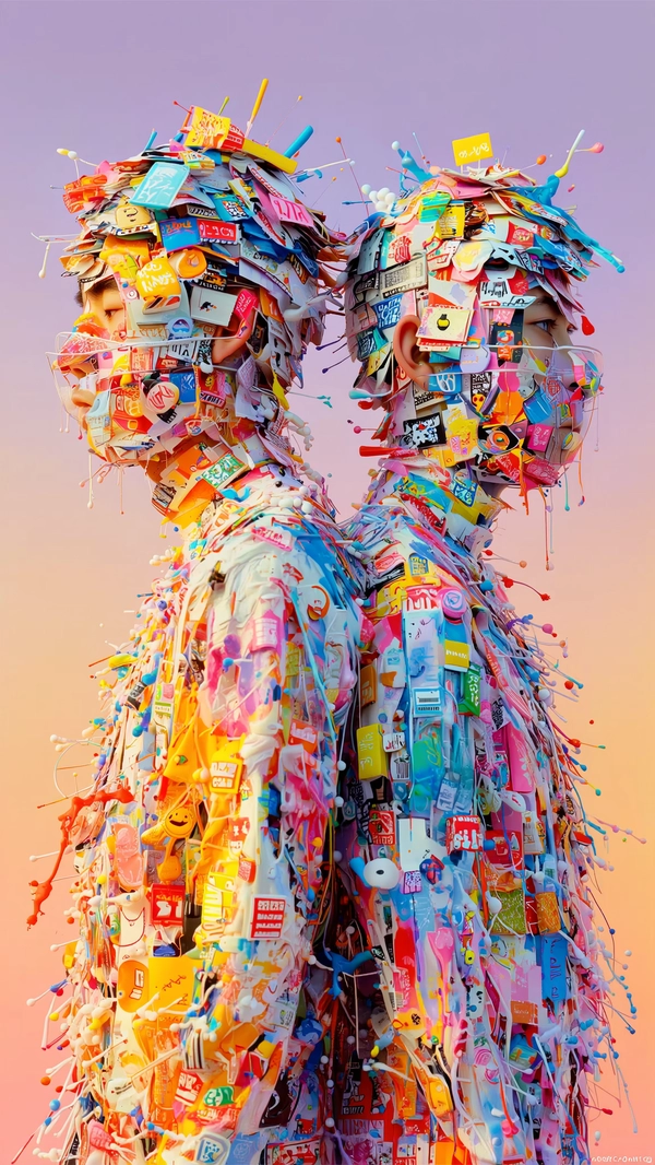 A vertical double portrait of two models standing back-to-back, their faces constructed from a dense layering of overlapping glossy fashion tags and whimsical toy graphics, interspersed with thick, textured splashes of vibrant acrylic paint. The pastel gradient background shifts softly from muted peach to lavender, enhancing the ethereal atmosphere. Each visage is fragmented yet cohesive, formed through an intricate collage of sharp-edged labels and playful digital icons that intertwine with fluid, painterly brushstrokes, blurring boundaries between plastic sheen and organic texture. The models face opposite directions, evoking a silent dialogue of contrast and duality, their abstracted features both approachable and enigmatic. This composition floats between structured graphic elements and spontaneous pigment eruptions, creating a suspended tension of identity and artifice—a surreal interplay of fashion and playfulness filtered through tactile digital synthesis. —digital fluid surrealism