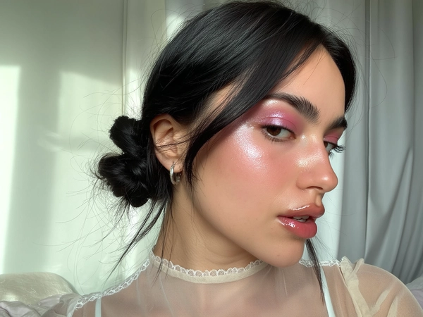 A close-up iPhone-style portrait of a young woman with soft black hair gathered into a low, loose bun at the nape of her neck, with gentle flyaways and visible hair texture framing her face. Her skin glows with a dewy, glass-like finish showing visible pores and a natural sheen on her cheeks, nose, and forehead. Her eyelids sport a delicate wash of pale pink shimmer eyeshadow that softly catches the light, paired with naturally groomed eyebrows brushed upward in dark hues. Her lips are coated in a clear, glossy balm that reflects the soft cloudy daylight illuminating her face. She wears a sheer, pale pastel blouse with subtle ruffle details around a high neckline and delicate lace trims near the collarbone, partial shoulders softly lit and visible. The composition is a spontaneous, slightly off-center close-up from just above the crown to just below the collarbones, shot indoors near a window with diffused, cloudy daylight creating soft shadows and highlights. The background is an out-of-focus pastel cream and light gray blur suggesting bedding or curtains. Her expression is natural and relaxed, eyes looking just off-camera, lips gently parted. Fine details including individual hairs, fabric texture, skin pores, and gloss reflections are clearly visible, giving the photo an intimate, authentic iPhone snapshot aesthetic.