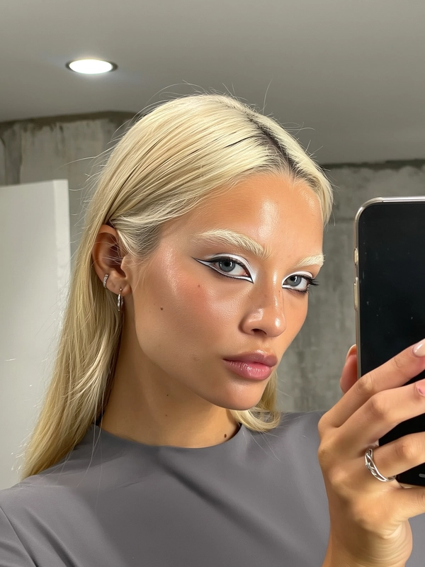 A natural close-up iPhone selfie of a young woman with naturally bleached eyebrows that gently blend into her skin, creating a subtle pale blonde effect. She features striking silver-gray eyes subtly enhanced by dramatic but refined white eyeliner, applied with a clean and natural finish. Her skin appears luminous and glassy with realistic texture and soft natural gloss. The expression is calm and engaging, looking directly into the camera with a neutral yet captivating gaze. She wears a simple muted gray top with minimalistic silver jewelry. The setting is a minimalist, brutalist-inspired indoor space subtly lit by a single soft overhead light creating gentle shadows, emphasizing the authentic handheld selfie aesthetic with neutral, textured background elements.