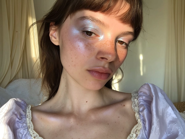 A close-up iPhone-style portrait of a pale-skinned young woman with natural silver shimmer eyeshadow glittering softly across her eyelids and a pronounced inner corner highlight that catches the window light. Her skin features visible freckles beneath a light, babydoll-inspired makeup base with a luminous, dewy finish. Her lips appear naturally glossy in soft nude tones, reflecting gentle ambient daylight. Her eyebrows are natural-colored, lightly brushed upward and unbleached. The photo is framed from just above her head to below her collarbones, showing slight tilt and candid casualness. She wears a delicate pastel puff-sleeve blouse with subtle lace trim near her shoulders, the fabric softly translucent with fine stitching and textured layers visible. The background is softly blurred with creamy pastel hues suggesting curtains and bedding, illuminated by natural window light that casts gentle highlights and soft shadows on her face and collarbones. Fine textural details like individual freckles, subtle peach fuzz, gloss texture, and stray hair strands are clearly visible, creating an intimate, spontaneous ambiance typical of a high-quality iPhone photo.