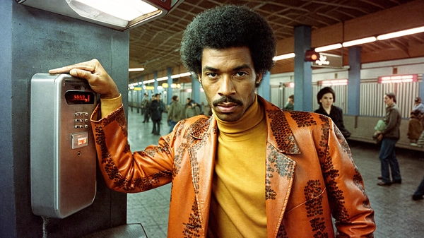 In a dimly lit train station nestled under the harsh geometric shadows of 1970s brutalist architecture, a biracial man commands the frame while leaning intently on a metallic payphone. His tight afro, meticulously shaped, crowns his head with effortless style, while freckles pepper his rich caramel-hued skin with delicate textural details visible through the film's distinct 35 mm grain and gate weave. He wears a vivid mustard-yellow turtleneck that softly contrasts with an audaciously glossy snakeskin coat, whose scales catch the sodium-vapour amber glow from overhead lights, casting flickering reflections that enhance tactile realism.

His posture is deliberate—an angular, confident lean with his forearm pressing against the cold payphone, channeling the stiff coolness of subway tiles and worn metal fixtures. The camera catches him eye-level through a sharp 50 mm lens, rendered in a warm Kodachrome palette that bathes his features in golden-hour hues despite the artificial indoor lighting. His brows arc expressively over deep, piercing eyes locked directly with the lens, projecting an arresting magnetic tension, edged with subtle defiance.

Behind him, a blur of bustling commuters fades into a cacophony of blurred shapes, wood slats, and vintage signage hinting at a late-'70s urban sprawl. The oranges and browns of rusted steel beams mingle with the pastel blues and dusty grays of worn concrete, while the faint scintillation of film grain creates a tactile nostalgia evoking the analog era’s authentic emotional resonance. The framing is tight, a diagonal crop that invigorates the composition, focusing all focus onto the man’s sharply defined profile and commanding presence.

The entire tableau sings with vintage veracity—a moody, cinematic moment that is both textured and rich in narrative potential, as if plucked from a classic New Hollywood drama. It is a study in contrast, attitude, and subtle power, captured in genuine late-70s Kodachrome warmth and crystal clarity.

—late-70s / early-80s cinematic photograph, authentic film grain.