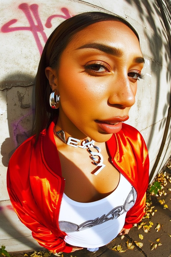 A wide shot of a woman with warm caramel skin tone, natural pores and fine lines visible across her forehead, cheeks, and nose, captured in a middle close-up from a top-down wide-angle perspective. She wears a bright cherry red satin bomber jacket open over a white graphic tank top, paired with glossy silver hoop earrings and a chunky silver nameplate chain that curves toward the lens. Her gaze is confident and direct, lips slightly parted with gloss, positioned close and slightly off-center in the frame, the fisheye distortion emphasizing her facial features and bold accessories for dominance.

She stands against a cracked concrete wall with faded graffiti and scattered leaves on the ground, with direct sunlight casting strong shadows across her jacket folds and highlighting the reflective sheen of her jewelry. The wide-angle lens curves the setting inward, compressing the background to isolate her presence. A subtle grain effect overlays the scene, accentuating skin texture, fabric detail, and metallic gleam with editorial precision. early-2000s Y2K snapshot