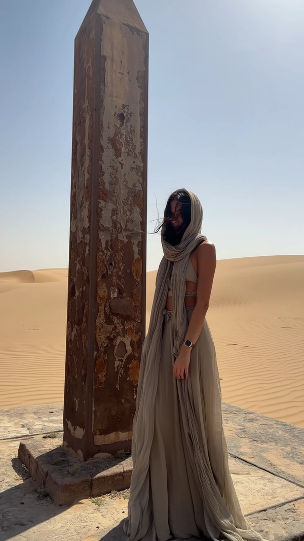 A candid, casually captured iPhone-style image of a woman clad in a loose, flowing, muted sand-toned gown with subtle layered nomadic fabrics, her face partially concealed by a softly draped hooded scarf. She stands in a poised, serene stance before a weathered, decaying stone obelisk amidst shifting desert sands, watching the wind move the dunes. The scene is bathed in soft, natural sunlight creating low-contrast shadows, with a subtle iPhone flash glow enhancing tactile textures of her delicate skin and the worn stone surface. The minimalist, slightly asymmetrical composition frames her elongated silhouette against the expansive desert backdrop, evoking quiet mystery and timeless nomadic elegance.