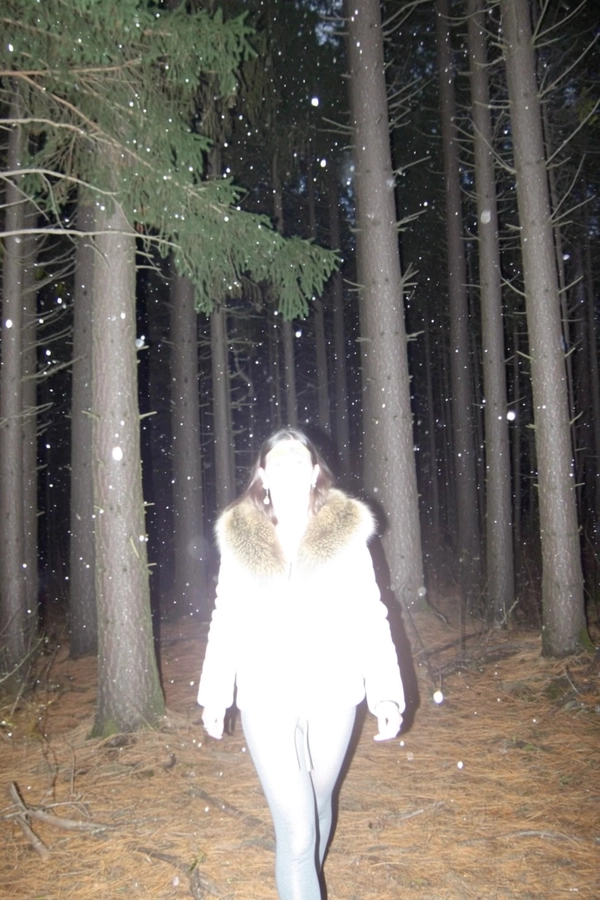 A candid iPhone snapshot taken with an intense direct flash in a pine forest at night. A white woman with bleached eyebrows walks through the scene wearing a fur-collared coat and wool tights, her figure completely bleached out by the flash. Her facial features and clothing details are obscured, creating a glowing, spectral silhouette. Falling snowflakes caught by the flash shimmer around her, while tall dark pine trunks cast eerie vertical shadows, enhancing the surreal and abstract atmosphere. The framing is imperfect and spontaneous, emphasizing the natural, unplanned feel typical of amateur iPhone flash photography.