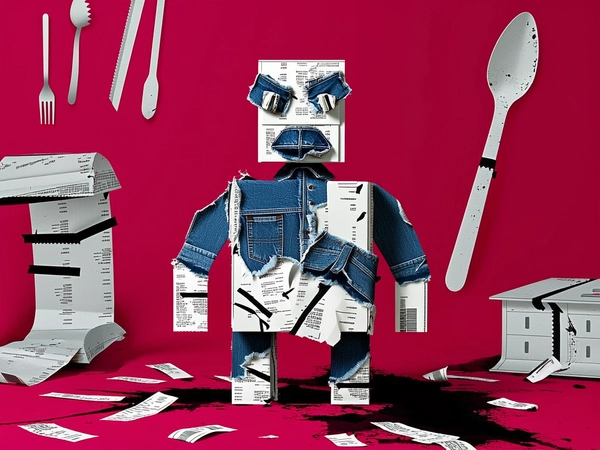 The boxy human figure is constructed entirely from torn receipts and ripped denim fragments, layered unevenly with visible jagged edges and curling paper textures. The face is distorted—with duplicated eyes pasted askew, one cheek formed from ink-stained receipt corners, and the mouth assembled from overlapping denim shreds, merging expression and material. The body’s shape is squared and asymmetrical, combining hard receipt creases with frayed denim tears, held together by graphic black tape marks and staple-like visuals. Surrounding this figure is a flat, vivid crimson background layered with oversized, cut-out paper utensils and duct-taped furniture elements scattered haphazardly, punctuated by chaotic ink splashes and blotches across the floor. Harsh directional light casts bold, graphic shadows, emphasizing the torn paper surfaces and emphasizing the fragmented collage assembly in an aggressively stylized, 2D composition.