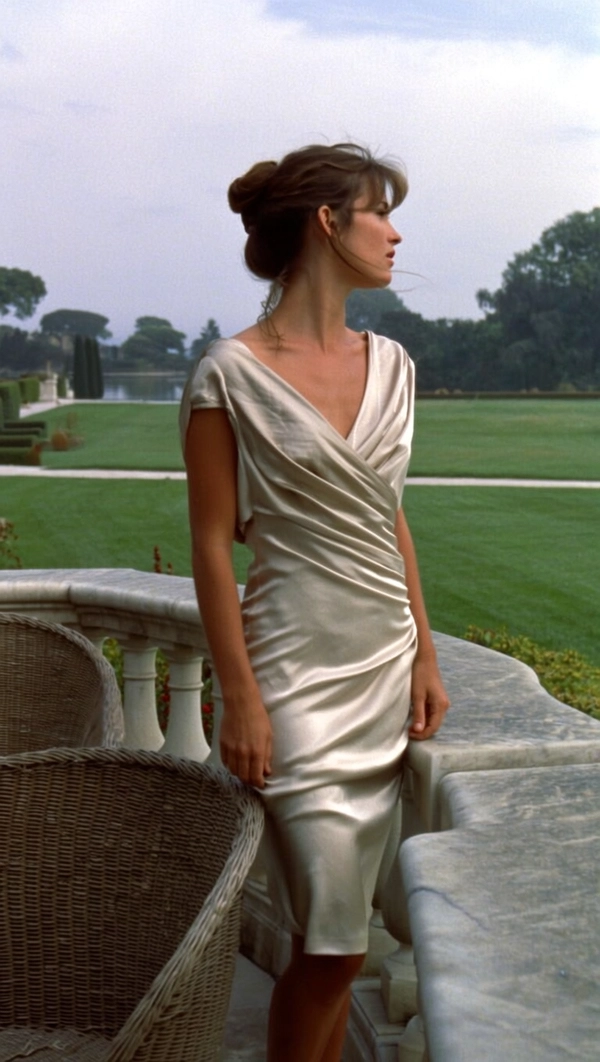 In the soft embrace of an overcast afternoon, a young woman stands gracefully on the terrace of a stately heritage home, her gaze cast thoughtfully toward the distant garden. Her finely tailored beige linen dress drapes effortlessly over her slender frame, its gentle folds catching the muted light with a subtle silk sheen. Her hair, styled in a loose yet refined chignon, frames a face bare of adornment save for a natural, wistful expression. Surrounding her, polished marble balustrades and weathered wicker chairs resonate with quiet affluence, while the subdued palette of earthy browns and creamy whites evokes the gentle chromatic warmth of Kodachrome film. The image, captured through a 50 mm lens, reveals tactile details—the softness of linen and the cool smoothness of stone—enhanced by delicate 35 mm film grain and the occasional analog imperfection characteristic of early 80s photography. —late-70s / early-80s cinematic photograph, authentic film grain