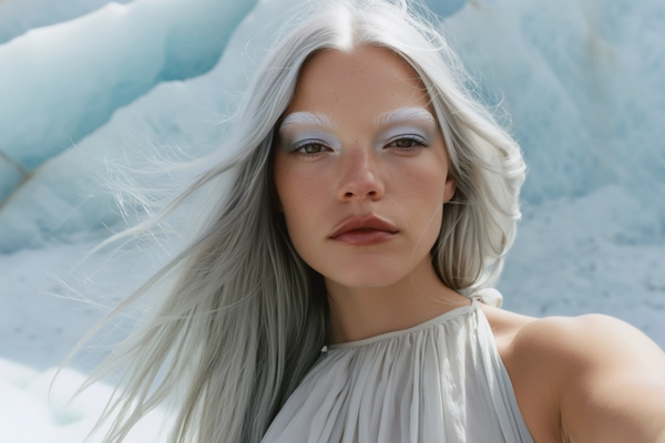 A natural close-up iPhone selfie of a young woman with long silver hair and naturally bleached eyebrows that gently blend into her pale skin, creating a seamless pale blonde effect. She has glowing skin with minimal, natural makeup featuring muted slightly glossy lips and a subtle icy silver eyeshadow that delicately highlights her eyes. Her expression is calm and neutral, engaging directly with the camera, showing realistic skin texture and natural hair strands softly framing her face. She wears a flowing light dress with delicate textures that flutter gently as if caught in an icy breeze, styled effortlessly to complement the glacier environment. Soft, natural daylight illuminates her face, enhancing the subtle sheen of her makeup and the soft blending of her eyebrows. The background shows a softly blurred glacier base with muted icy tones, creating a subtle, minimalist outdoor setting that preserves the candid, authentic iPhone selfie aesthetic.