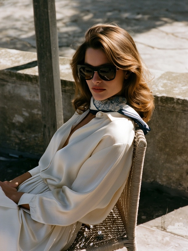 Gently illuminated by soft, diffused afternoon light, a young woman reclines gracefully against a weathered wicker chair on a sun-dappled terrace, her contemplative gaze framed by a loosely tied Hermès silk scarf draping over a crisp, cream linen blouse. Her chestnut hair, styled in effortless waves, glimmers with quiet sophistication beneath oversized designer sunglasses, while the muted palette of soft greys and warm earth tones envelops the scene in timeless calm. The tactile contrast between the smooth silk sheen and the textured wicker captures subtle sensory depth, enriched by an unmistakable 35 mm film grain that gently hums with analog warmth. The restrained composition, taken through a classic 50 mm lens at eye level, conjures the spirit of Slim Aarons’ refined leisure portraits, evoking an intimate moment of poised serenity and understated affluence."
"—late-70s / early-80s cinematic photograph, authentic film grain