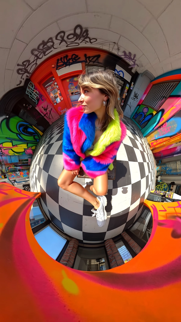 A spontaneously captured spherical 360-degree candid image showcasing a female model casually lounging on a low chair centered on an urban checkerboard pavement. She wears a striking technicolor faux fur set blending vibrant hues of electric blue, hot pink, and neon yellow, with the plush texture visibly rich and tactile, the fur catching authentic light reflections. Her relaxed silhouette, emphasized by naturally tousled hair with subtle highlights, leans gently back, one leg crossed over the other, exuding candid composure. Footwear consists of sleek white leather sneakers with subtle wear marks, paired with minimal silver hoop earrings subtly catching light. The scene is framed by vivid, brightly colored graffiti walls whose saturated paint strokes and layered textures provide a dynamic background under natural midday sunlight, casting sharp, realistic urban shadows across the high-contrast black-and-white tiled ground. The spherical upward-facing, ground-level camera position creates an immersive circular tunnel-like composition, distinctly distorting and exaggerating her silhouette and the surrounding environment, evocative of genuine spontaneous iPhone-paired 360-degree photography that merges stylish casual intimacy with an edgy street vibe and tactile realism.