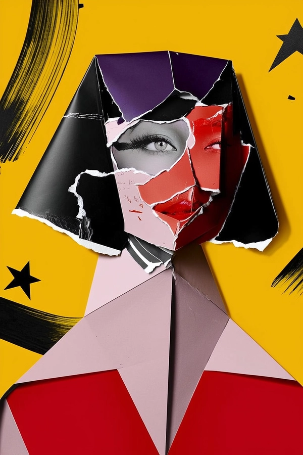 The woman's face and upper body are assembled from jagged, torn paper fragments—her features mismatched, duplicated, and floating with intentional misalignment. One eye is triple-layered, the other obscured beneath a folded, rough-edged paper strip. Her lips overlap two separate expressions, both slightly distorted. The skin tones clash from pale pink to muted red sheets, curling at their edges with visible creases and tape marks. Her hair is fashioned from layered torn shreds of glossy black and deep purple paper, doubling back on itself inconsistently. Her neck and shoulders fold angularly, built from jagged paper segments with raw, rough textures. 

She wears a flat, graphic red garment formed from sharp, geometric paper cutouts. The background is a vivid yellow plane strewn with abstract black brush strokes and scattered paper stars. Harsh, directional lighting cuts across the paper surfaces in flat, exaggerated shadows, highlighting every seam and warped edge. The composition is tightly cropped and off-center, all surfaces intentionally broken and layered to evoke a raw, unsettling, collage-driven portrait.