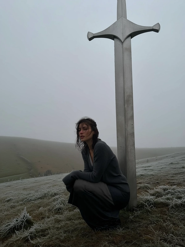 A spontaneously captured, muted-toned iPhone photograph of a mysterious woman crouching beside a colossal, vertically embedded steel sword on a frostbitten, softly sloping hillside. Her naturally tousled, slightly damp dark hair frames a quietly introspective face, minimally made-up to reveal authentic skin textures like faint freckles and pores. She wears a fitted dark woolen sweater and layered gothic-style skirt, blending understated elegance with practical warmth. The cold, overcast grey sky diffuses pale daylight through lingering mist, casting a soft, even glow over the thin layer of frost dusting the brown grass and the worn, faintly reflective steel blade. The framing feels casual and intuitive with a slightly off-center angle capturing the surreal scale contrast between the crouching woman and the monumental sword towering just behind her. Atmospheric textures include visible breath mist, dew-moistened strands of hair, subtle frost patterns on fabric, and gently blurred frosty grass blades, all underscored by the muted color palette and quietly moody cinematic tone evocative of authentic, spontaneous iPhone photography.