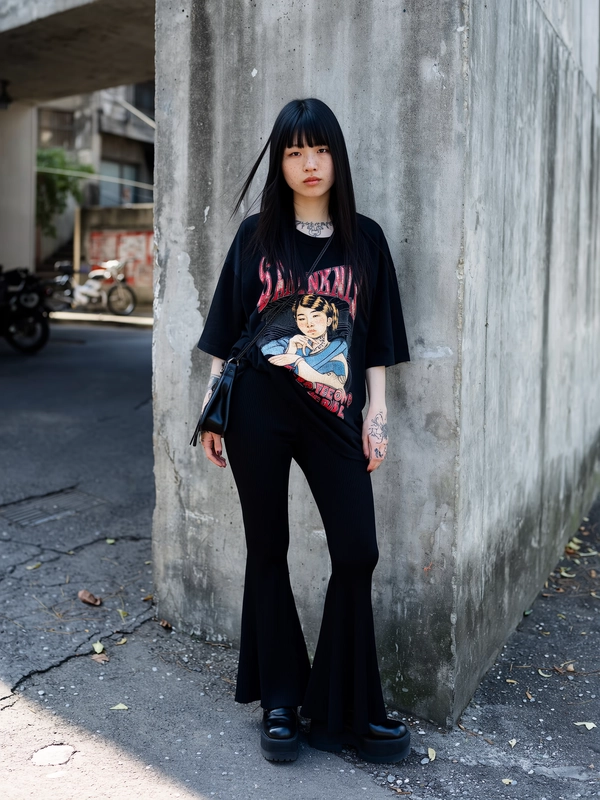 A full-body portrait of a young Asian woman standing confidently against a rough, stained concrete wall in a gritty urban alley. Her long, straight black hair with soft bangs frames a pale, textured face showing natural pores and faint blemishes. She wears an oversized black graphic tee with a bold vintage-style illustration and faded red lettering, loosely draped over high-waisted black ribbed flared pants. Chunky black platform shoes ground her edgy look. A small black crossbody bag hangs casually across her chest. Tattoos with fine linework decorate her fingers and a subtle neckline tattoo peeks out. Natural, diffused daylight casts soft shadows and highlights, while the cracked pavement and worn textures blur softly behind, completing the effortlessly cool, grunge street style vibe captured spontaneously.
