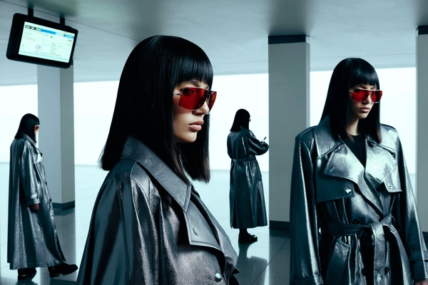 An inventive surreal snapshot depicting a woman with waist-length sleek black hair, wearing a shimmering metallic trench coat and bold red-tinted sunglasses, duplicated multiple times within a minimalist subway station setting. Various copies of her appear stepping off the platform, pacing thoughtfully between stark pillars, and standing solitary beneath an illuminated digital display, each figure captured in spontaneous candid poses suggesting quiet echoes in transit. The scene is illuminated by subtle cool station lighting blended with soft diffused daylight filtering in, highlighting realistic skin textures, the reflective fabric weave of her trench coat, and the glossy tint of her sunglasses. Creative angles capture close-up figures juxtaposed against smaller ones in the distance, with natural shadows and reflections authentic to casual iPhone photography, emphasizing a surreal repetition that feels effortlessly real and visually compelling.