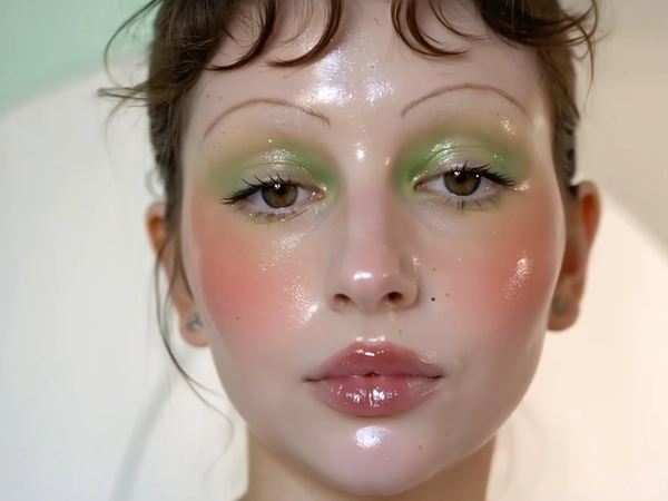 An extreme close-up iPhone-style portrait of a young woman highlighting her glazed, dewy skin with visible pores and a natural, luminous glow. Her eyes feature softly blended green shimmer eyeshadow across the lids with subtle sparkle accents catching the light, paired with heavy pink blush diffused gently beneath her eyes and along her cheeks. Her lips are glossy with a soft, tactile sheen in a natural pink tone, reflecting ambient light. Her eyebrows are natural light brown, softly brushed upward without bleaching. The framing is tight, focusing from just below her nose to just above her eyebrows, capturing the rich texture of her skin, delicate gloss on her lips, and shimmer on her eyelids. Her gaze is a soft, gentle stare directly into the lens, conveying subtle intimacy. The lighting mimics natural window daylight combined with a faint phone flash, producing soft highlights and authentic shadows that enhance the skin's glazed texture. The background is softly blurred with pastel cream and mint tones, providing a minimal, serene environment. Fine details such as delicate flyaway hairs, shimmer particles, and moist lip texture are clearly visible, achieving a genuine, intimate iPhone photograph aesthetic.