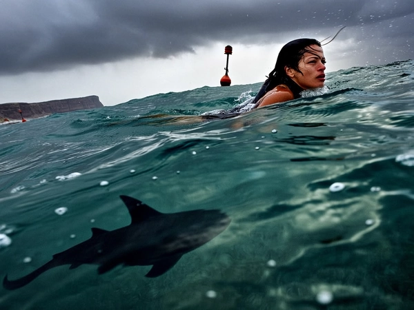 Beneath a tempestuous, slate-gray sky, a solitary swimmer cuts through frothy, restless ocean water, her taut expression framed by wet strands of dark hair clinging to sun-kissed skin. Chiaroscuro light cascades through restless waves, casting fractured patterns that shimmer ominously on her sleek wetsuit. Far below, an indistinct shadow pulses with lurking menace, silhouettes of jagged dorsal fins slicing the deep teal abyss. Gloved hands break the water’s surface in a frozen gesture of caution, lips pressed tight against rising salt spray. Salt-crusted buoys and distant, battered coastal cliffs form a desolate backdrop, the wind whispering secrets of unseen terrors. The camera’s low, sweeping angle captures the perilous intimacy of the moment, textures of saltflakes and slick water droplets sharpening the tension with hyperreal clarity. Muted cobalt and steel tones envelop the frame, deepening the chill and amplifying the primal silence before the storm breaks. —intimate contemporary cinema