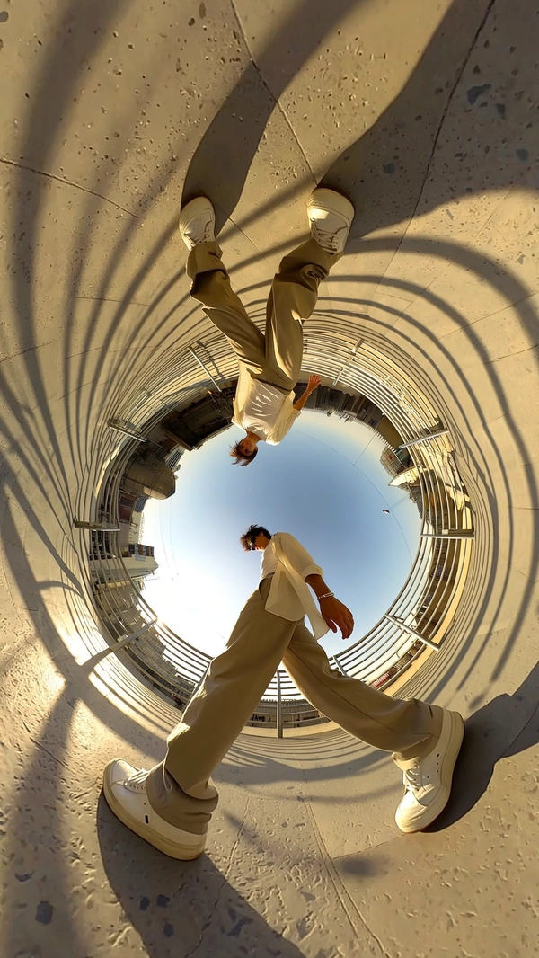 A spontaneous 360-degree candid image captured with a portable spherical camera placed at the center of a sunlit pedestrian bridge, facing upward to create an immersive circular tunnel-like visual effect. The scene showcases a single individual walking casually across the bridge, dressed in effortlessly stylish attire: lightweight beige chino pants paired with a soft white linen shirt slightly untucked, complemented by clean white low-top sneakers showing subtle signs of wear and a thin leather bracelet adding a tasteful accessory touch. The person's hair is tousled naturally, slightly catching the warm sunlight, and their relaxed posture shows a spontaneous stride mid-step, not directly aware of the camera. The pedestrian bridge features sleek metal railings curving gracefully around the circular horizon, casting complex looping shadows and highlights that swirl in harmony with the spherical distortion of the 360-degree viewpoint. Realistic natural sunlight filters through a clear sky, softly illuminating the scene with warm tones and generating authentic shadows that accentuate fabric textures, detailed folds in the shirt and pants, and subtle scuffs on the sneakers. The bridge's textured walking surface exhibits fine details of worn concrete and embedded stone grains, adding tactile depth to the image. This visually striking upward-facing composition emphasizes the continuous swirling railings and elongated shadows surrounding the subject in a captivating tunnel-like effect, encapsulating the genuine, stylish casual spontaneity typical of an iPhone-shot 360-degree photo from ground level with a portable spherical camera.