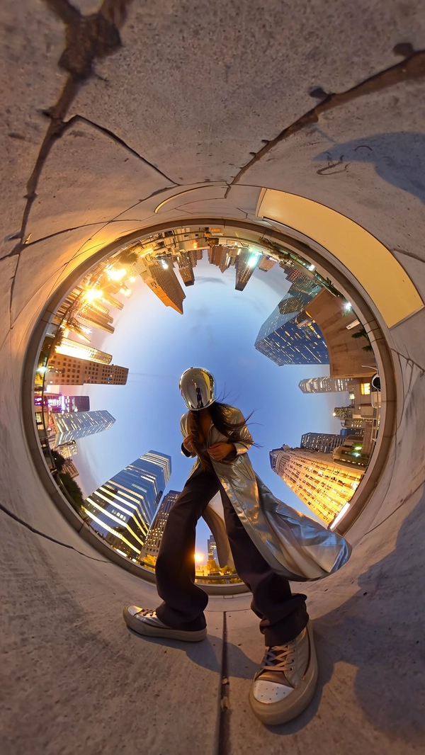 A spontaneous stylish 360-degree candid image set on an urban rooftop at street level during twilight, featuring a solitary figure crouching naturally at the center. The individual wears a reflective, mirrored helmet with subtle metallic sheen and a translucent, flowing coat of lightweight synthetic fabric with nuanced folds catching ambient city lights. Their tapered black trousers with soft creasing and sleek high-top sneakers with faint scuffs add casual yet futuristic style. The city skyline envelops upward in a mesmerizing circular tunnel-like pattern behind them, with softly glowing skyscraper windows and atmospheric urban twilight casting a gentle bluish-orange ambient glow. Their elongated shadow twists organically outward in a detailed circular distortion across the textured concrete rooftop surface, displaying cracked grains and subtle street grime. Fine strands of hair peek beneath the helmet, with natural skin tones visible beneath the translucent coat. This immersive, upward-facing spherical framing from ground level creates vivid tunnel-like distortions characteristic of authentic spontaneous 360-degree photography captured using a portable 360-degree camera paired with an iPhone, emphasizing tactile fabric realism, subtly varied lighting, natural casual posture, and captivating urban ambiance.