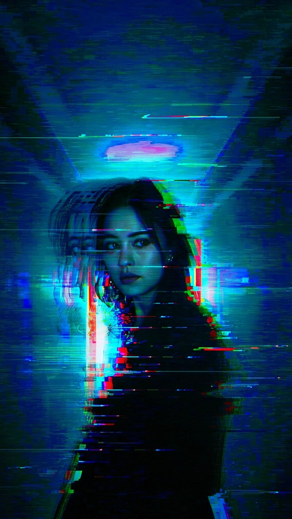 Bathed in cold, flickering blue light within a narrow hallway, a woman stands with a fragile, introspective posture. Her face repeats in ghostly layers behind her, each echo shifting slightly like frames caught in a corrupted video loop. Mid-blink, her eyes convey a transient vulnerability, while digital static fractures her expression into pixelated shards and horizontal scan lines, disrupting continuity. The glitch distortion applies RGB color separation, creating sharp cyan, magenta, and electric blue fringes reminiscent of an old CRT screen. The texture pulses with grainy analog interference and moiré patterns, layering tactile imperfections over her pale skin and dark hair. The composition is tightly framed around her upper body and face, emphasizing fragmented identity against the stark, shadowed corridor. This fusion of layered visage, flickering light, and glitch artifacts evokes a cyber-surreal atmosphere—an unsettling tension between human emotion and technological decay.