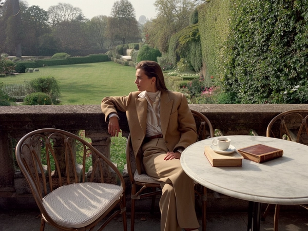 Bathed in the soft, golden light of late afternoon, a solitary woman rests gracefully on the edge of an ivy-draped terrace overlooking a manicured English garden. Her gaze, calm yet introspective, drifts beyond the frame, hinting at quiet reverie. She wears a tailored camel wool blazer over a fine silk blouse, the cashmere collar whispering against her neck. Her hair, swept back loosely yet impeccably, frames a face touched by minimal, precise makeup that enhances her serene confidence.\n\nThe setting unfolds with a subtle grandeur—weathered limestone balustrades veined in gentle moss frame her repose alongside a low, marble-topped garden table strewn with a leather-bound book and an untouched porcelain espresso cup. An aged wicker chair with a crisp linen cushion nestles nearby, its texture lending tactile warmth to the composition. The soft rustle of distant leaves and the faint shimmer of silk sleeves merge into a layered sensory tableau.\n\nCaptured with a 35 mm lens at eye level, the muted, pastel palette channels the understated hues of Fuji film—the warm beige of her trousers softly mirrored in the sunlit marble, shadows delicately nuanced without harsh contrast. The visual plane is punctuated by the subtle gate weave of authentic film grain, enriching the polished leather and woven fabrics with tangible depth and historic altitude.\n\nCompositionally, the frame echoes the quiet luxury of Slim Aarons’ portraits—the balance between subject and setting achieved through precise geometry and a restrained color story. The overall effect is an intimate moment, a whispered narrative of old money sophistication captured in the languorous ease of a bygone era’s cinematic still."
  —late-70s / early-80s cinematic photograph, authentic film grain