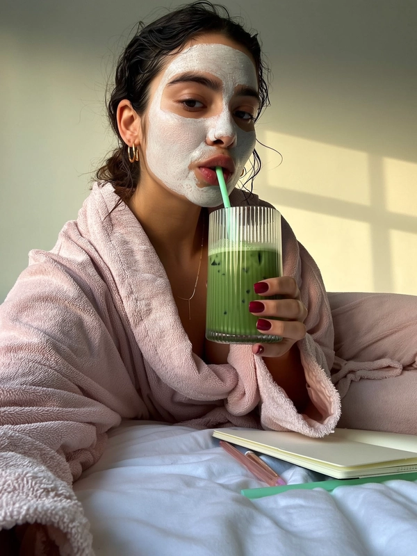 A young woman reclines casually in a soft blush-pink bathrobe, a pristine white sheet mask covering her face with gentle moisture evident. Her damp hair is loosely styled back, while delicate gold hoop earrings and a minimalist beaded necklace subtly catch the warm, natural light filtering softly through a nearby window. She delicately sips a green iced matcha drink through a pastel green straw from a tall ribbed glass, lips parted naturally around it. Her deep red glossy nails rest gently by her face as she lounges comfortably on slightly rumpled, cozy bedding against a plain cream backdrop. Nearby, an open notebook and skincare tools are casually placed, enhancing the intimate, personal relaxation vibe. The soft shadows and muted color palette reflect the authentic iPhone selfie aesthetic, focusing on facial textures, the damp sheen of the sheet mask, and plush fabric softness in a natural wide front-facing selfie perspective—skincare selfie, shot on iPhone.