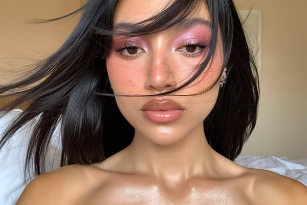 A close-up iPhone-style portrait of a young woman with jet black straight hair gently tousled by a light breeze, some strands softly lifting around her face. Her skin has a dewy, glass-like finish with visible pores and a subtle natural glow highlighting her nose and cheeks. She wears babydoll-style makeup featuring softly blended pink shimmer eyeshadow over her lids without any eyeliner, and her full, naturally thick lashes are softly defined without mascara clumps. Her lips are coated in a glossy nude tone with a moist, tactile shine that catches the soft natural light. The photo is tightly framed from just above her forehead to her collarbones, showing soft shoulders illuminated by gentle daylight. The composition is slightly off-center with a casual tilt to replicate a spontaneous handheld iPhone shot. The background is softly blurred in warm pastel hues, suggesting an indoor setting with minimal texture such as a light curtain or bedding. Fine details like light flyaway hairs, skin texture, shimmer on the eyeshadow, and the gloss reflect nuanced light, creating an intimate, authentic, and naturally casual mood.