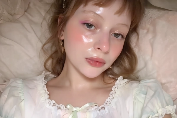 A close-up iPhone-style portrait of a young woman with soft, natural hair casually framing her face and a gentle, relaxed expression. Her skin is dewy and glass-like with luminous cheeks that catch the natural daylight, showing visible pores and a subtle glow across her forehead and nose. Her eyelids are glossy with a delicate sheen, highlighted by upward-curved pastel pink eyeliner that adds a subtle babydoll flair. Her eyebrows are natural-colored, lightly brushed upward in a soft taupe tone, thin and minimally defined to appear barely-there, preserving an authentic, gentle look. She wears a light pastel puff-sleeve blouse with delicate lace trim at the collar and a small, soft ribbon bow tied neatly at the neck. The fabric shows realistic texture with faint ruffles and slight translucence around the shoulders, framing her softly lit collarbone naturally. The image is tightly framed from just above her head to below the collarbones, taken at a slightly off-center angle with a casual tilt, enhancing the candid impression. The background is softly blurred in warm, pastel hues of cream and blush, suggesting an indoor setting with softly textured bedding or curtains. Lighting is a blend of soft window daylight and subtle iPhone flash, producing natural shadows under her chin and gentle highlights on the glossy eyelids and cheeks. Fine textural details such as stray hair strands, skin texture, lip gloss shine, and fabric weave are crisply rendered, creating an intimate, highly realistic and spontaneous iPhone portrait embodying the babydoll aesthetic.