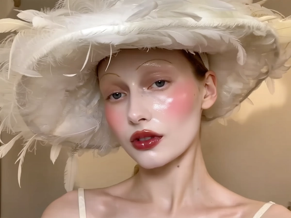 A close-up iPhone-style portrait of a pale-skinned woman wearing a large, sculptural feathered hat that frames her face with soft, delicate feathers in natural off-white and cream tones. Her skin has a dewy, glass-like finish with visible fine pores and subtle natural texture, gleaming gently in warm, ambient light that casts soft shadows enhancing the depth of her elaborate costume. She wears intense pink blush sweeping across her cheeks and beneath her eyes in a classic babydoll style, paired with glossy, richly red lips that reflect the light with a moist, tactile shine. Her eyebrows are natural-colored, light brown, softly brushed upward maintaining a gentle, regal expression. The photo is tightly framed from just above her hat to below her collarbones, captured at a slightly imperfect, casual angle mimicking a spontaneous iPhone shot. The background is softly blurred in warm beige and pastel cream tones, evoking softness without distraction. Visible texture includes individual feather details, subtle fabric stitches, soft flyaway hairs near the edges of the hat, and fine gloss reflections on her lips and skin, creating an intimate, naturally elegant atmosphere.